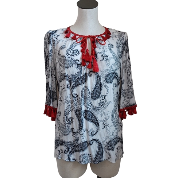 Chico's Tops - Chicos Top Paisley Print Black White Red Tassels Tunic Blouse Womens Size Small